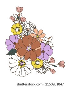 Groovy retro floral composition. Hand drawn corner flower arrangement 70s,60s  vintage style floral bouquet isolated on white. Vector illustration