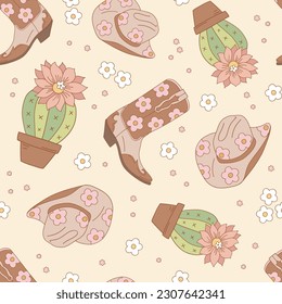 Groovy retro floral cowboy vector seamless pattern. Flower power western summer background.