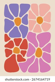 Groovy retro floral pattern. Abstract 70s style flowers illustration. Vintage botanical background for wall art, posters, and prints.