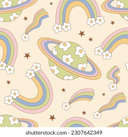 Groovy retro floral space vector seamless pattern. Flower power summer background.