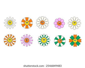 Groovy Conjunto de Elementos de Flor Retro 