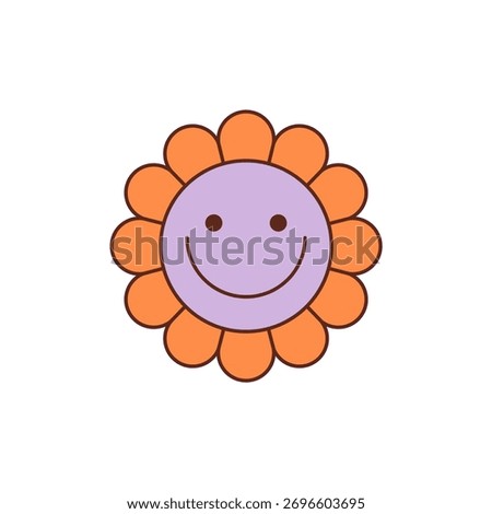 Groovy retro flower face sticker in cartoon graphic style and happy orange color. Cute smile as a groovy element, y2k vibe with playful feel. Bright accent for vintage sticker or fun happy decor.