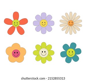 Groovy retro flowers daisy set. Hippie psychedelic stickers in 1970 style. Vector Disco flowers with face isolated on white background
