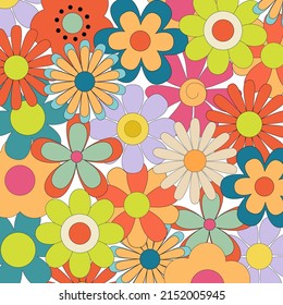 Groovy retro flowers daisy square poster. Hippie psychedelic stickers in 1970 style.
