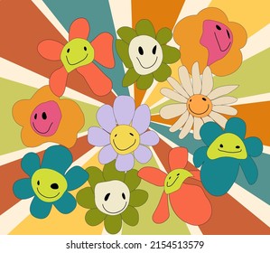 Groovy retro flowers poster. Vector smile flowers daisy. Weird graphic 70s