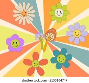 Afiche de flores retro Groovy. Sonrisa vectorial flores margarita y hongos. Gráfica rara de los años 70
