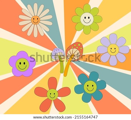 Groovy retro flowers poster. Vector smile flowers daisy and mushrooms. Weird graphic 70s