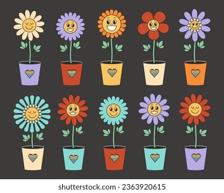 Groovy retro flowers in pots set. Floral retro 1970 style characters funny faces collection on dark. Vector illustration.