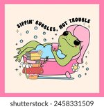 Groovy Retro frog in bathtub, self care relax time funky Minimal vibrant pastel drawing wall art printable