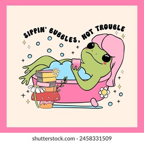 Groovy Retro frog in bathtub, self care relax time funky Minimal vibrant pastel drawing wall art printable