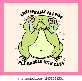 Groovy Retro frog crying emotionally fragile handle with care vibrant pastel drawing sticker printable