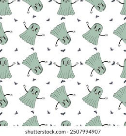 groovy retro fun character pattern. Groovy ghost pattern with bats, ideal for Halloween decor, trick or treat themes, and playful designs.