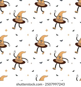 groovy retro fun character pattern. Seamless groovy Halloween pattern with cute dancing hats, stars, bats, perfect for trick or treat