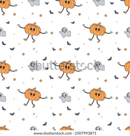 groovy retro fun character pattern. Groovy ghost pattern with pampkins friend, ideal for Halloween decor, trick or treat themes, and playful designs.