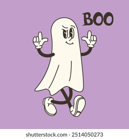 Groovy retro ghost with arms and legs on purple background. Vector illustration for Halloween designs, fun decorations, and festive invitations