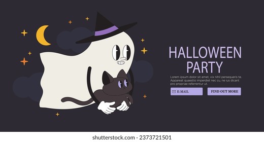 Groovy retro ghost halloween banner. Funky spooky boo character. Magic scary spirits in witch costume. Cartoon illustrations of comic phantom for web banner, poster, placard
car or party invitation.