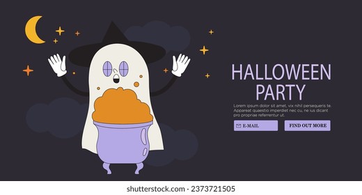 Groovy retro ghost halloween banner. Funky spooky boo character. Magic scary spirits in witch costume. Cartoon illustrations of comic phantom for web banner, poster, placard
car or party invitation.
