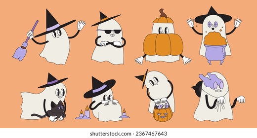 Groovy retro ghost halloween set. Funky spooky boo characters. Magic scary spirits with different emotions and face expressions in witch costumes. Cartoon vector illustrations of comic phantoms.