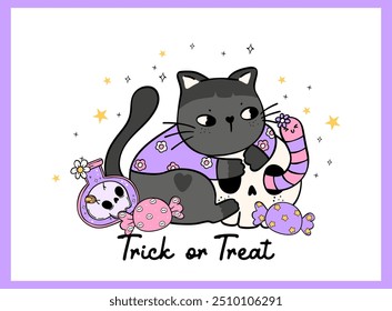 Groovy Retro Halloween black Cat with skull Draw Doodle for Trick or Treat greeting card idea