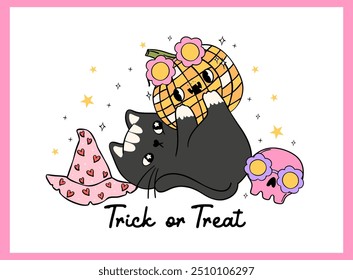 Groovy Retro Halloween black Cat Draw Doodle for Trick or Treat greeting card idea