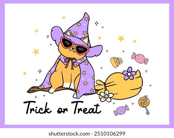 Groovy Retro Halloween Cat Draw Cute Witch Broom Doodle for Trick or Treat greeting card idea