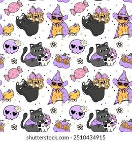 Groovy Retro Halloween Cat Seamless Pattern Lined Doodle Background Funky Design