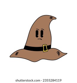 Groovy retro halloween character. Funky smile cartoon sticker. Cute hat on white background. Happy Halloween. Trendy vintage cartoon style vector illustration.