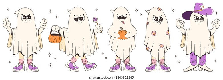 Groovy retro halloween characters. Funky cool ghosts. Happy Halloween. Trendy retro cartoon style vector illustration.