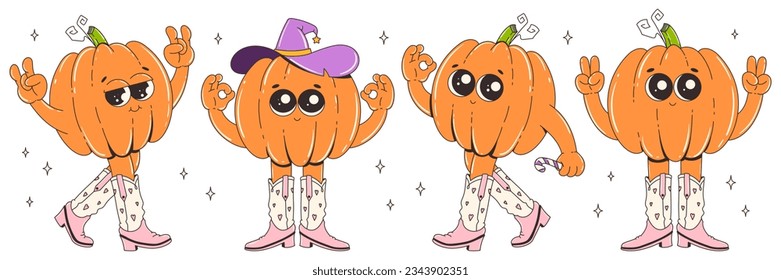 Personajes de Groovy retro Halloween. Funky calabazas frescas en botas de vaquero. Feliz Halloween. Ilustración vectorial de estilo retro de moda.