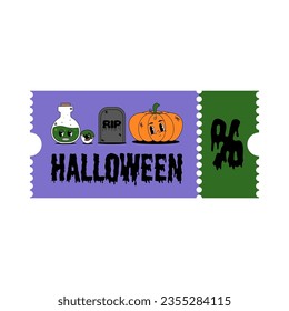 Groovy retro halloween characters. Funky design for sale voucher, ticket and discount coupon. Happy Halloween. Trendy vintage cartoon style vector illustration.