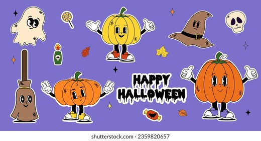 Groovy retro halloween characters. Funky cartoon stickers and elements. Pumpkin, ghost, grave, cake, hat, broom, flask, skull. Happy Halloween. Trendy vintage cartoon style vector illustration.