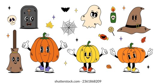 Groovy retro halloween characters. Funky cartoon stickers and elements. Pumpkin, ghost, grave, cake, hat, broom, flask, skull. Happy Halloween. Trendy vintage cartoon style vector illustration.