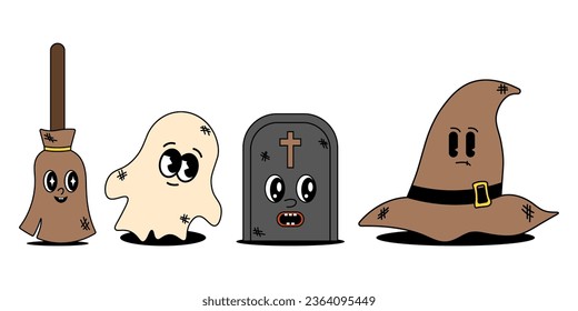 Groovy retro halloween characters. Funky cartoon stickers and elements. Ghost, grave, hat, broom. Happy Halloween. Trendy vintage cartoon style vector illustration.