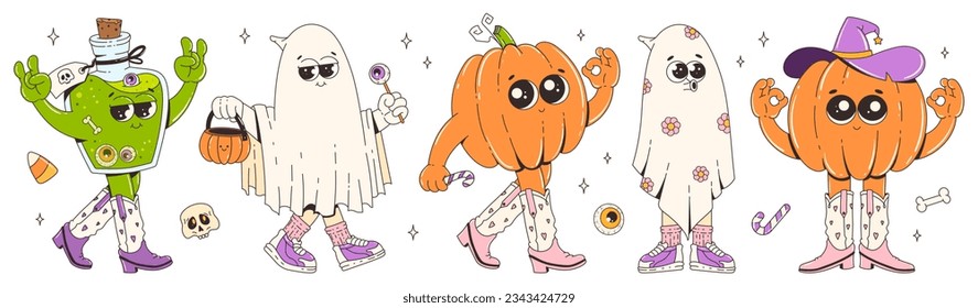 Personajes de Groovy retro Halloween. Fantasma, poción y calabaza en botas de vaquero frescas. Ilustración vectorial de estilo retro de moda.