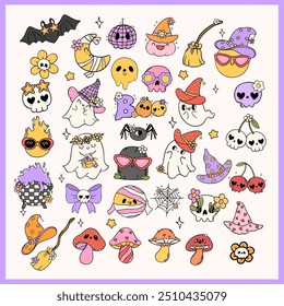 Groovy Retro Halloween Doodle Cartoon Elemento Clipart Set para Spooky Fun