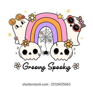 Groovy Retro Halloween Ghost with rainbow skull Lined Doodle Greeting Card Idea