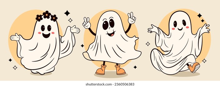 Groovy retro halloween ghost. Spooky vibes. Vector stock illustration. 