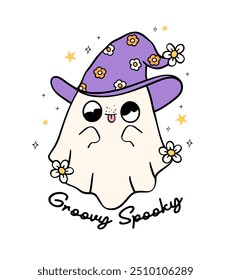 Fantasma de Halloween retro Groovy con sombrero de bruja forrado Doodle Tarjeta de felicitación Idea