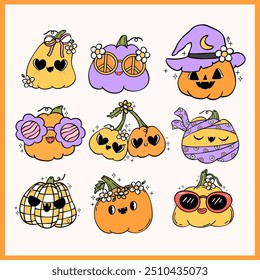 Groovy Retro Halloween Pumpkin Doodle Cartoon character Element Clipart Set for Spooky Fun