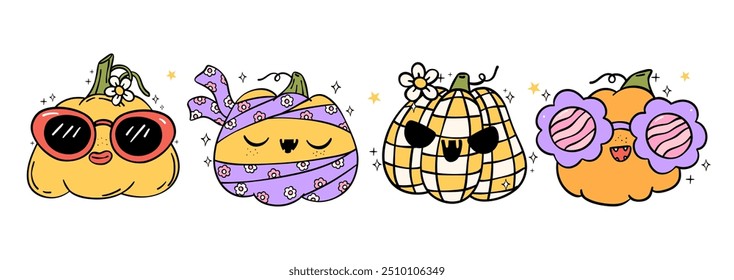 Groovy Retro Halloween pumpkins Lined Doodle banner