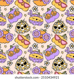 Groovy Retro Halloween seamless Pattern Funky Pumpkins Festive Repeat Background isolated Background