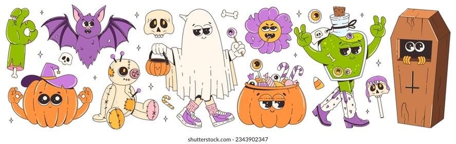 Groovy retro halloween set. Funky cartoon characters and elements.Coffin, potion, pumpkin, ghost, bat, voodoo doll. Happy Halloween. Trendy retro cartoon style vector illustration.