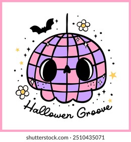 Groovy Retro Halloween Skull Disco ball Vibrant color Lined Doodle t shirt sublimation printable Idea