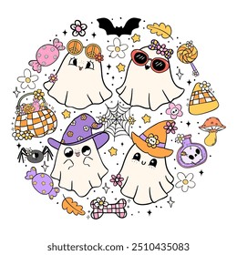 Groovy Retro Halloween fantasma assustador bonito personagem desenhar vetor para a camisa ideia imprimível