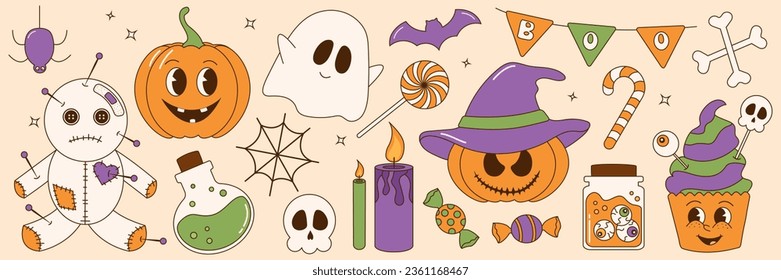 Groovy Retro-Halloween-Aufkleber-Set. Trendy Retro Cartoon Stil. Comic Cartoon-Charaktere und Halloween-Elemente.