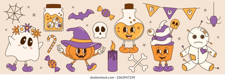 Groovy retro halloween sticker set. Retro cartoon characters and halloween elements. Comic mascots