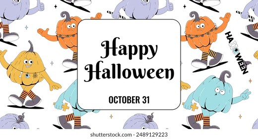Groovy retro Happy Halloween banner, flyer, poster, brochure. Funky walking groovy character pumpkins with creepy and skary face. Vector template.