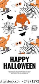 Groovy retro Happy Halloween banner, flyer, poster, brochure. Funky walking character pumpkins. Vector template.