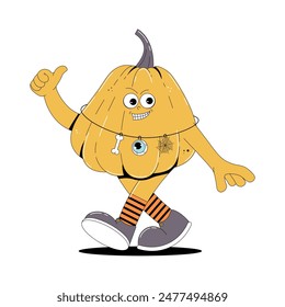 Groovy retro Happy Halloween character. Funky walking yellow pumpkin with spooky and skary face in trendy vintage 60s, 70s style. Horror and fear vector illustration on transparent background