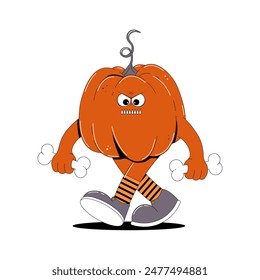 Groovy retro Happy Halloween character. Funky walking red pumpkin with spooky and skary face in trendy vintage 60s, 70s style. Horror and fear vector illustration on transparent background